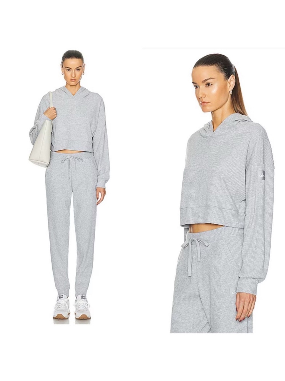 ALO Yoga Muse Ribbed Hoodie Sweatpants Set Gray Size S NWOT